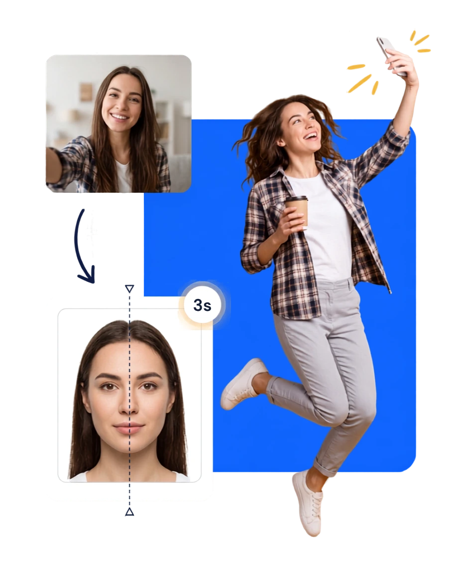 Casual selfie transformed into a compliant passport photo in 30 seconds
